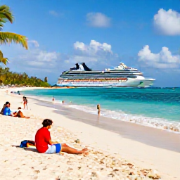 Caribbean Holidays, Puerto Rico Cruises, Cruise passengers relaxing on a tropical Caribbean beach with turquoise water, palm trees and a small island in the distance