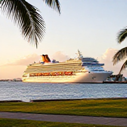 Caribbean Holidays, Puerto Rico Cruises, Cruise ship departing San Juan harbour with Puerto Rico coastline, palm trees and late afternoon golden light