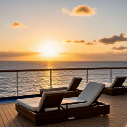 Caribbean Holidays, Puerto Rico Cruises, Elegant cruise ship deck at sunset near Puerto Rico, with comfortable loungers, calm sea and warm golden light