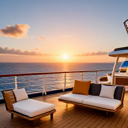Caribbean Holidays, Puerto Rico Cruises, Elegant cruise ship deck at sunset overlooking the Caribbean Sea, with comfortable seating and warm evening light