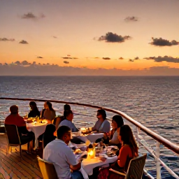 Caribbean Holidays, Puerto Rico Cruises, Elegant cruise ship deck at sunset with passengers enjoying dinner, gentle sea and warm Caribbean evening light