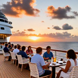 Caribbean Holidays, Puerto Rico Cruises, Elegant cruise ship deck at sunset with travellers dining outdoors while the Caribbean Sea glows beyond