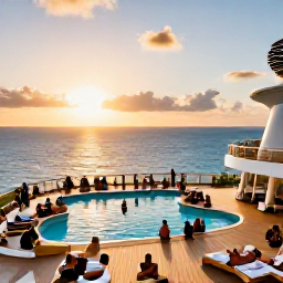 Caribbean Holidays, Puerto Rico Cruises, Elegant cruise ship deck at sunset with travellers relaxing beside a pool and Caribbean sea in the background