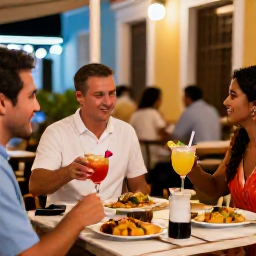 Caribbean Holidays, Puerto Rico Cruises, Friends enjoying Puerto Rican food and colourful cocktails at an outdoor restaurant in San Juan during a warm evening