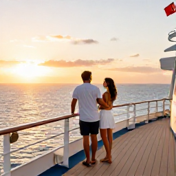 Caribbean Holidays, Puerto Rico Cruises, Happy couple enjoying a sunset view from the deck of a Caribbean cruise ship near Puerto Rico