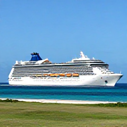 Caribbean Holidays, Puerto Rico Cruises, Modern cruise ship sailing past the green coastline and turquoise waters of Puerto Rico in bright May sunshine