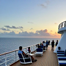 Caribbean Holidays, Puerto Rico Cruises, Passengers enjoying an elegant cruise ship deck at sunset while Puerto Rico fades into the distance
