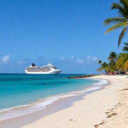 Caribbean Holidays, Puerto Rico Cruises, Puerto Rican tropical beach with clear turquoise water, palm trees, soft sand and a small cruise ship visible offshore