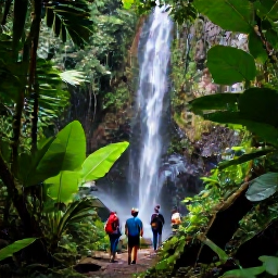 Caribbean Holidays, Puerto Rico Cruises, Travellers enjoying a lush tropical rainforest trail with waterfalls and broad green leaves in El Yunque National Forest