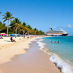 Caribbean Holidays, Puerto Rico Cruises, Travellers swimming and relaxing on a golden beach in Puerto Rico beside clear blue Caribbean water and palm trees
