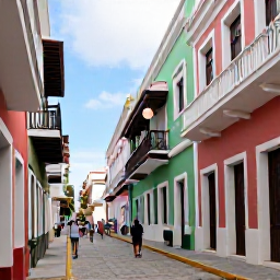 Caribbean Holidays, Puerto Rico Cruises, Travellers walking through colourful Old San Juan with Spanish colonial buildings, balconies and historic streets