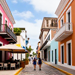Caribbean Holidays, Puerto Rico Cruises, Travellers walking through the colourful cobbled streets of Old San Juan, Puerto Rico, beside colonial buildings, caf&eacute;s and historic fortifications