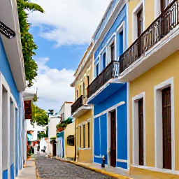 Caribbean Holidays, Puerto Rico Cruises, Visitors exploring the colourful streets of Old San Juan, with blue and yellow buildings, cobbled lanes and historic Spanish architecture