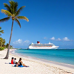 Caribbean Holidays, Puerto Rico Cruises, Visitors relaxing on a sandy Puerto Rican beach beside clear blue water, with palm trees and a cruise ship offshore