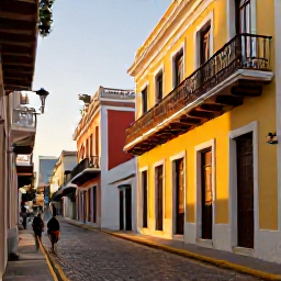 Caribbean Holidays, Puerto Rico Cruises, Visitors walking along colourful cobbled streets in Old San Juan, with Spanish colonial balconies, historic buildings and warm evening light