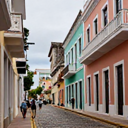 Caribbean Holidays, Puerto Rico Cruises, Visitors walking along the colourful cobbled streets of Old San Juan, with pastel colonial buildings, balconies and historic fortifications