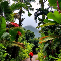 Caribbean Holidays, Puerto Rico Cruises, Visitors walking beneath lush tropical trees in El Yunque National Forest with misty mountains in the background
