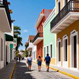 Caribbean Holidays, Puerto Rico Cruises, Visitors walking through the colourful cobbled streets and historic Spanish buildings of Old San Juan on a sunny day