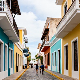 Caribbean Holidays, Puerto Rico Cruises, Visitors walking through the colourful historic streets of Old San Juan, with pastel buildings, balconies and cobbled lanes