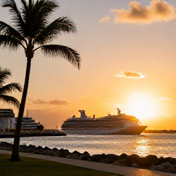 Caribbean Holidays, Puerto Rico Cruises, Welcoming Puerto Rican waterfront at sunset with a cruise ship in the harbour, palm trees and warm golden light
