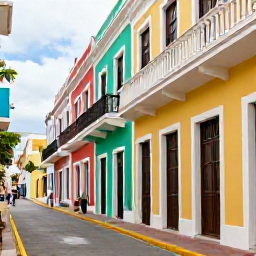 Caribbean Holidays, Puerto Rico Culture, Colourful colonial streets in Old San Juan, Puerto Rico, with brightly painted buildings, balconies and strolling visitors