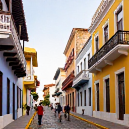 Caribbean Holidays, Puerto Rico Culture, Colourful streets of Old San Juan with Spanish colonial buildings, balconies, cobbled pavements and local people enjoying the afternoon
