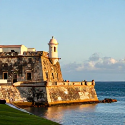 Caribbean Holidays, Puerto Rico Culture, Historic El Morro fortress overlooking the sea in San Juan, Puerto Rico, in warm afternoon light