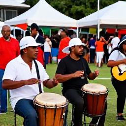 Caribbean Holidays, Puerto Rico Culture, Puerto Rican musicians playing drums and guitars at a lively outdoor festival with dancing visitors