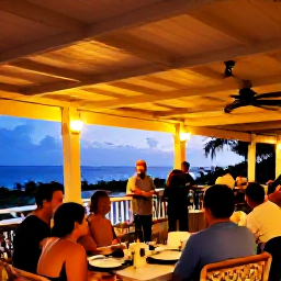 Caribbean Holidays, Puerto Rico Culture, Relaxed evening in Puerto Rico with visitors enjoying a local restaurant terrace, warm lights, live music and a view of the Caribbean