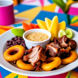 Caribbean Holidays, Puerto Rico Culture, Traditional Puerto Rican cooking in a welcoming local restaurant, including mofongo, roasted pork, rice and beans, and colourful tropical ingredients
