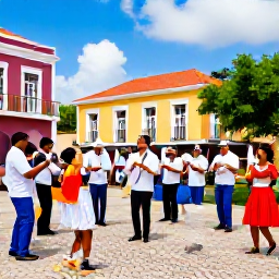 Caribbean Holidays, Puerto Rico Culture, Traditional Puerto Rican musicians playing plena and salsa in a lively town square, with dancers and colourful Caribbean surroundings