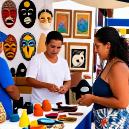 Caribbean Holidays, Puerto Rico Culture, Visitors meeting local artisans at a Puerto Rican craft market, with handmade masks, woven goods, pottery and colourful artwork on display