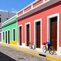 Caribbean Holidays, Puerto Rico Cycling, Bicycles outside colourful historic buildings in Old San Juan, Puerto Rico, with cobbled streets and bright Caribbean light