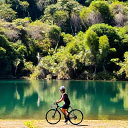 Caribbean Holidays, Puerto Rico Cycling, Cyclist beside a calm tropical lagoon in Puerto Rico near El Yunque rainforest, with lush vegetation and bright water