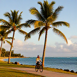 Caribbean Holidays, Puerto Rico Cycling, Cyclist beside a quiet Caribbean beach in Puerto Rico at golden afternoon light, palm trees and turquoise water