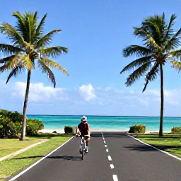 Caribbean Holidays, Puerto Rico Cycling, Cyclist beside a quiet Caribbean road overlooking turquoise sea and palm-fringed beaches in Puerto Rico