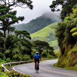 Caribbean Holidays, Puerto Rico Cycling, Cyclist climbing a forested road in El Yunque National Forest, Puerto Rico, with misty green hills