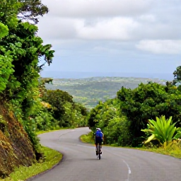 Caribbean Holidays, Puerto Rico Cycling, Cyclist climbing a green mountain road in Puerto Rico with tropical forest and distant valley views