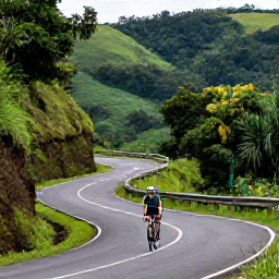 Caribbean Holidays, Puerto Rico Cycling, Cyclist climbing a winding green mountain road near Puerto Rico's coffee-growing highlands