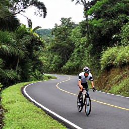 Caribbean Holidays, Puerto Rico Cycling, Cyclist climbing a winding mountain road through the Cordillera Central rainforest in Puerto Rico