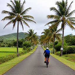 Caribbean Holidays, Puerto Rico Cycling, Cyclist exploring a quiet palm-lined road through Puerto Rico's green countryside with hills in the distance