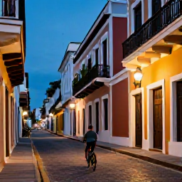 Caribbean Holidays, Puerto Rico Cycling, Cyclist exploring colourful Old San Juan, historic Spanish buildings, cobbled street and tropical evening light