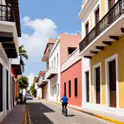 Caribbean Holidays, Puerto Rico Cycling, Cyclist exploring colourful streets and historic Spanish colonial buildings in Old San Juan, Puerto Rico