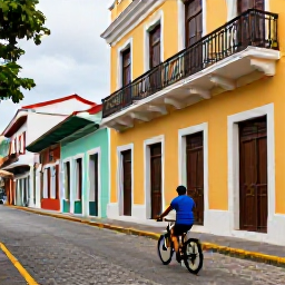 Caribbean Holidays, Puerto Rico Cycling, Cyclist exploring the colourful streets of Old San Juan, Puerto Rico, with colonial buildings, cobbled pavement and bicycles