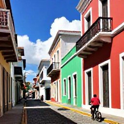 Caribbean Holidays, Puerto Rico Cycling, Cyclist exploring the colourful streets of Old San Juan, Puerto Rico, with historic Spanish buildings, cobbled lanes and bright Caribbean light