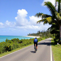 Caribbean Holidays, Puerto Rico Cycling, Cyclist following a quiet tropical road beside the Caribbean coastline, turquoise water, sandy beach and lush vegetation
