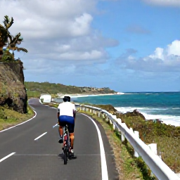 Caribbean Holidays, Puerto Rico Cycling, Cyclist following a scenic coastal road beside turquoise Caribbean water in Puerto Rico