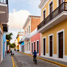 Caribbean Holidays, Puerto Rico Cycling, Cyclist passing colourful colonial buildings and cobbled streets in Old San Juan, Puerto Rico, tropical morning scene