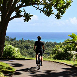 Caribbean Holidays, Puerto Rico Cycling, Cyclist pausing at a viewpoint overlooking El Yunque rainforest and the Caribbean in Puerto Rico