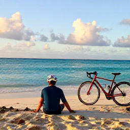 Caribbean Holidays, Puerto Rico Cycling, Cyclist relaxing on a Puerto Rican beach after a ride, with bicycle nearby, turquoise water and golden afternoon light